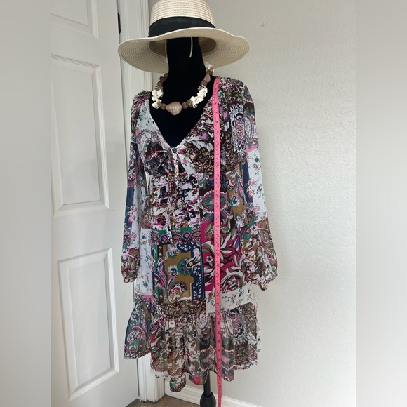 Elan Pink and Purple Long Sleeve V-Neck Sundress - Picture 4 of 4